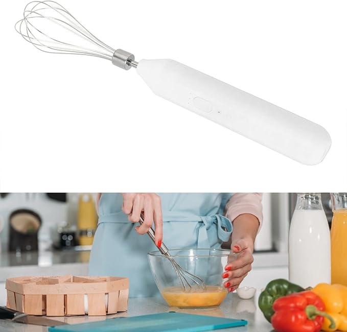 Electric Egg Beater Handheld USB Charging Milk Frother Portable Cordless Drink Mixer with Stainless Steel Whisk (White)