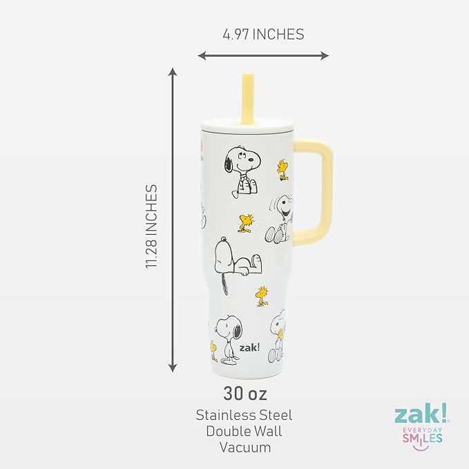 Zak Designs Peanuts Sutton Travel Tumbler for On the Go, 30oz Stainless Steel with Vacuum Insulation, Silicone Straw, and Carry Handle for Cold Drinks, BPA Free (Snoopy & Woodstock)