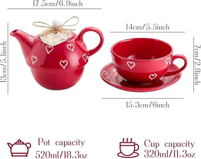 Domini Teapot cup combo,Teapot and Teacup for One,Tea Cup and Saucer Set-Tea Pot Set Gift for Girl Women,Bright red