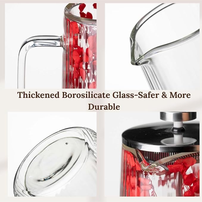 French Press Coffee Maker 22oz – Red Floral Glass Design – Double-Wall Borosilicate Ribbed Coffee Press with Stainless Steel Filter – Manual Brewer & Tea Press