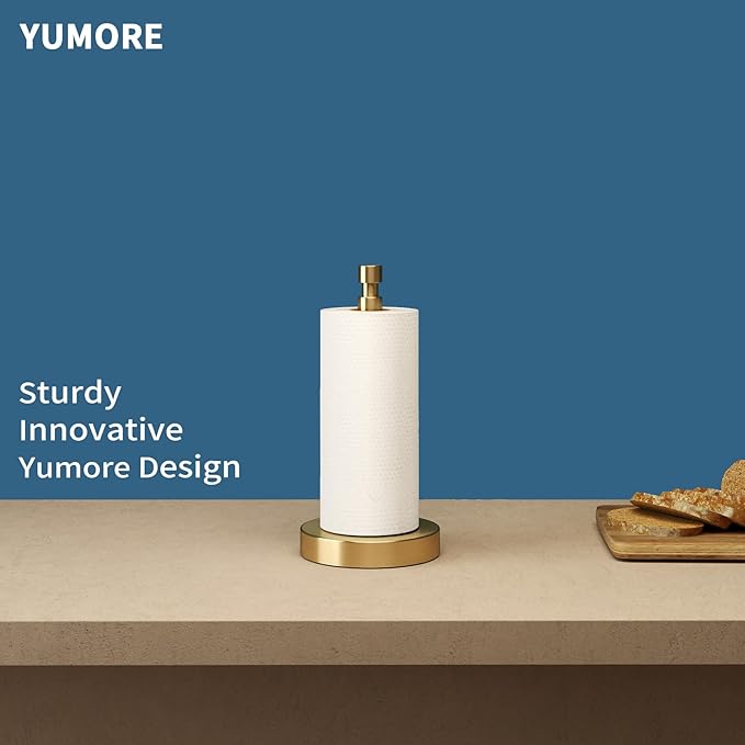 YUMORE Paper Towel Holder Countertop, Paper Towel Holder with Weighted Base Non Slip, Standing Paper Towel Roll Holder for Kitchen Bathroom, Stainles Steel (Gold)