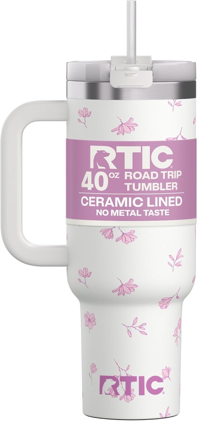 RTIC 40 oz Road Trip Tumbler Double-Walled Cermaic Lined Insulated Stainless Steel Portable Travel Coffee Mug Cup with Lid, Handle and Straw, Pink Magnolias