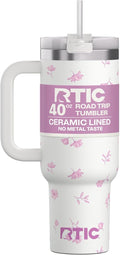 RTIC 40 oz Road Trip Tumbler Double-Walled Cermaic Lined Insulated Stainless Steel Portable Travel Coffee Mug Cup with Lid, Handle and Straw, Pink Magnolias