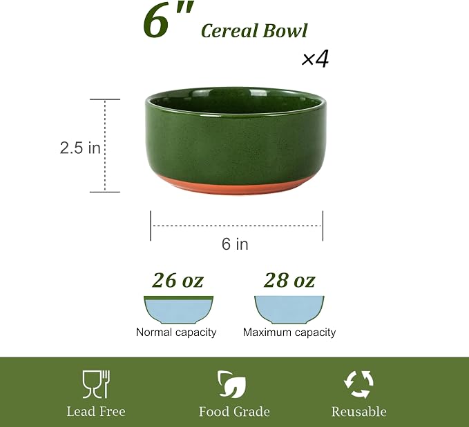 28 OZ Ceramic Cereal Bowls Set, 6 Inch, Set of 4, Elegant Green | Handcrafted, Dishwasher & Microwave Safe, Stoneware Deep Soup Bowls for Everyday Use