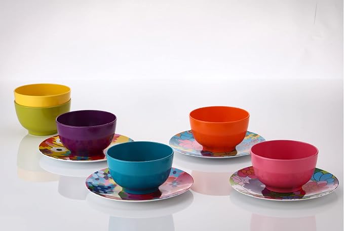 French Bull Assorted Plates - 4 Piece Set - 9 inch Melamine Salad Plates Set of 4 - Melamine Dinnerware for Indoor and Outdoor - Assorted Garden Floral
