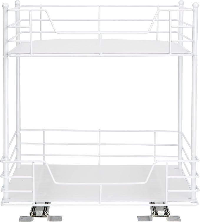 Household Essentials 2-Tier Sliding Pantry Organizer, 16.73" H x 15.35" W x 16.14" D, Strong Powder-Coated Steel Frame, Durable and Versatile, Easy Installation, Mounting Hardware Included, White