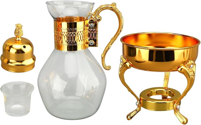 Glass Tea Pot with Warmer, 50 oz Vintage Espresso Kettle Heated Glass Coffee Pot with Handle, Heat Resistant Turkish Coffee Pitcher Teapot for Home Office Cafe Use (Gold)