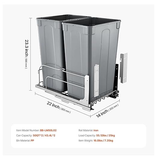 Double Pull Out Trash Can, 50QTx2 Kitchen Waste Container with Soft Close - Grey - Under Cabinet Sliding Bin for Kitchen, Home, Office