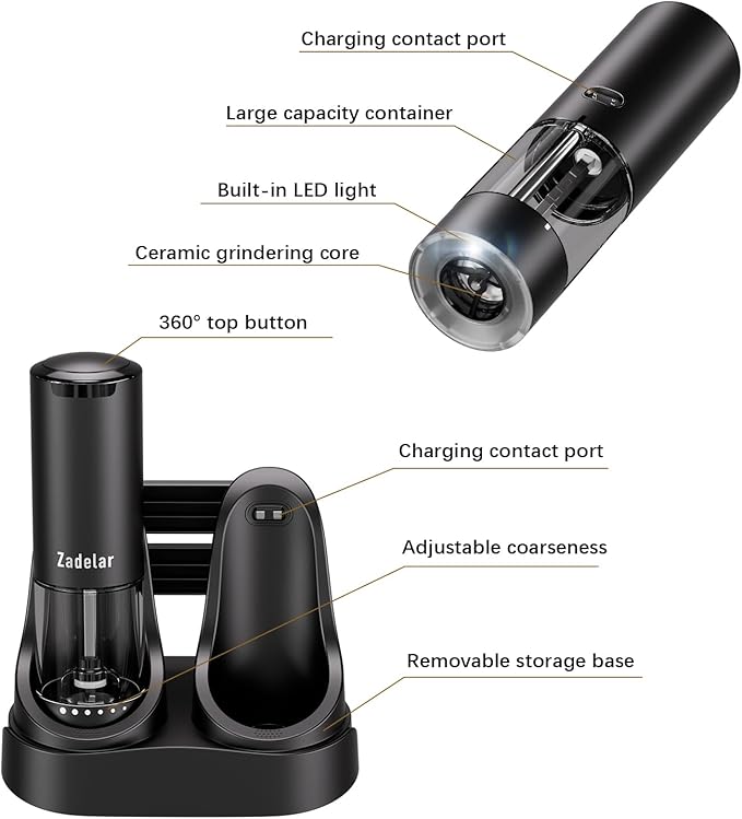 Electric Rechargeable Salt and Pepper Grinder Set,Automatic Pepper Mill Grinder with USB C Charging Dock,Upgraded 95ml Large Capacity,Adjustable Coarseness,LED Light,High-end Black