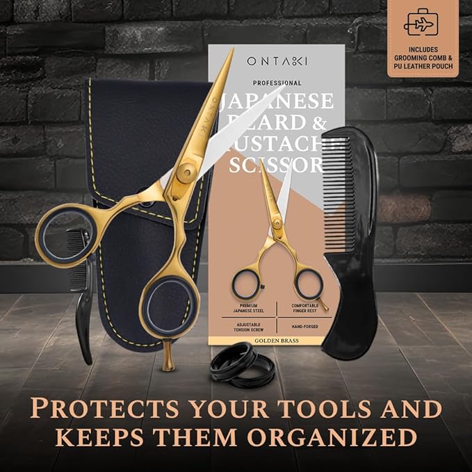 Ontaki Beard & Mustache Scissors for Men - 5.5" Japanese Steel, Gold Brass - Sharp Blades, Ergonomic Finger Rest & Adjustable Tension Screw for Perfect Hair Trimming - Beard Scissors