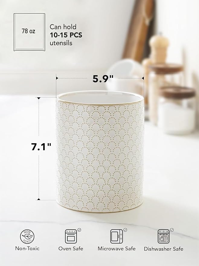 LE TAUCI Utensil Holder for Kitchen Counter - 7.1" Large Ceramic Utensil Crock, Cooking Utensil Organizer for Spatula, Spoon, Whisk - Farmhouse Kitchen Countertop Storage, Embossed, Fireworks