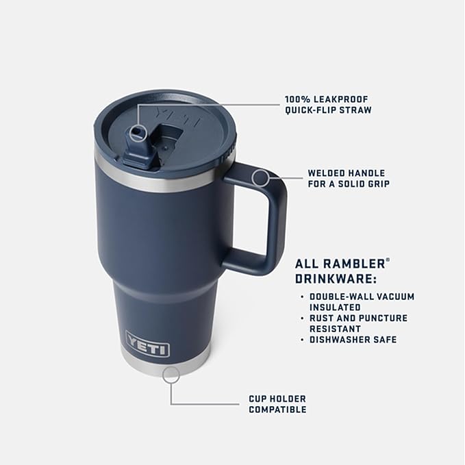 YETI Rambler 30 oz Travel Mug with Flip Straw Lid – Stainless Steel, Vacuum Insulated, Leakproof, Cup Holder Friendly, Royal Blue