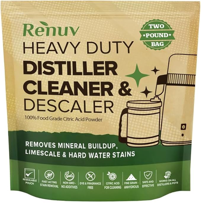 Renuv® Citric Acid for Cleaning & Descaling, 2LB Bulk | Powder Descaler For Water Distillers, Kettles, Pots, Boilers, Dispensers, Removes Limescale, Mineral Buildup, Hardwater Stain