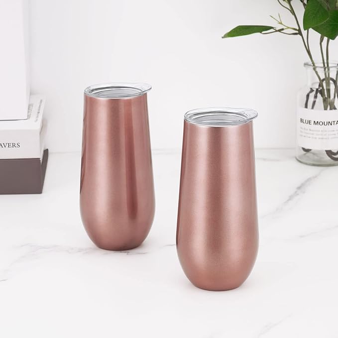 Lifecapido 12 Pack Stemless Champagne Tumblers, 12oz Insulated Stainless Steel Flute Glass for Birthday Party Wedding Christmas (Rose Gold)