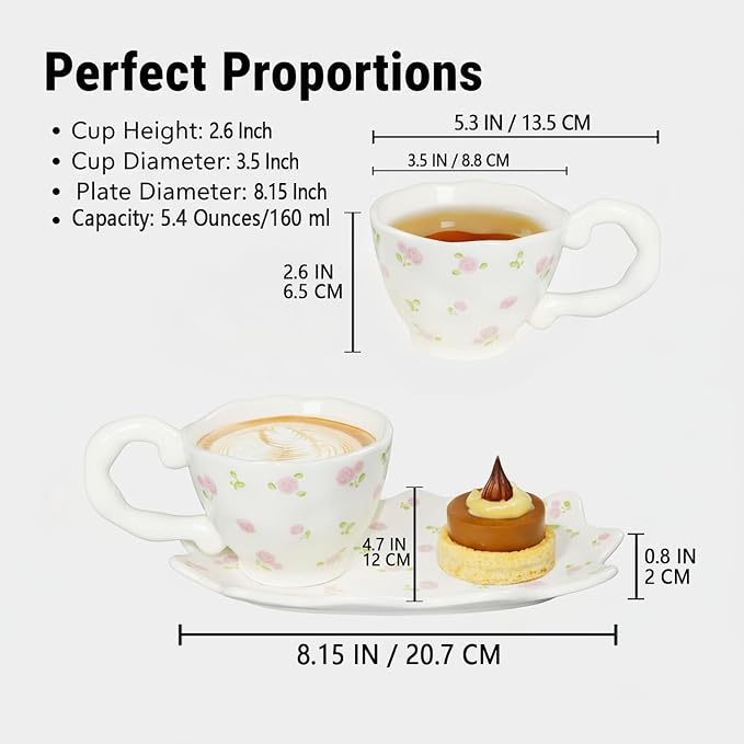 Unique Ceramic Tea Cup and Saucer Set, Coffee Mug, Cup and Saucer Set, Cute Fancy Girly Afternoon Tea Set Purse Gift, 5.4 oz/160 ml Vintage Style, For Women and Tea Parties, Pink flowers