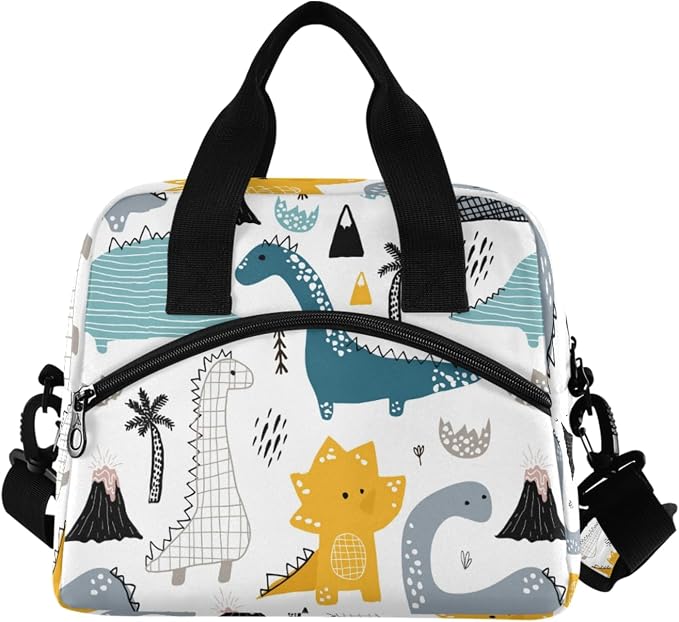 OREZI Dino Scandinavian Style Lunch Bag for Boys Girls,Dinosaur Children Reusable Lunch Bags Lunch Box Container with Detachable Shoulder Strap,Insulated Lunch Coolers for School Work