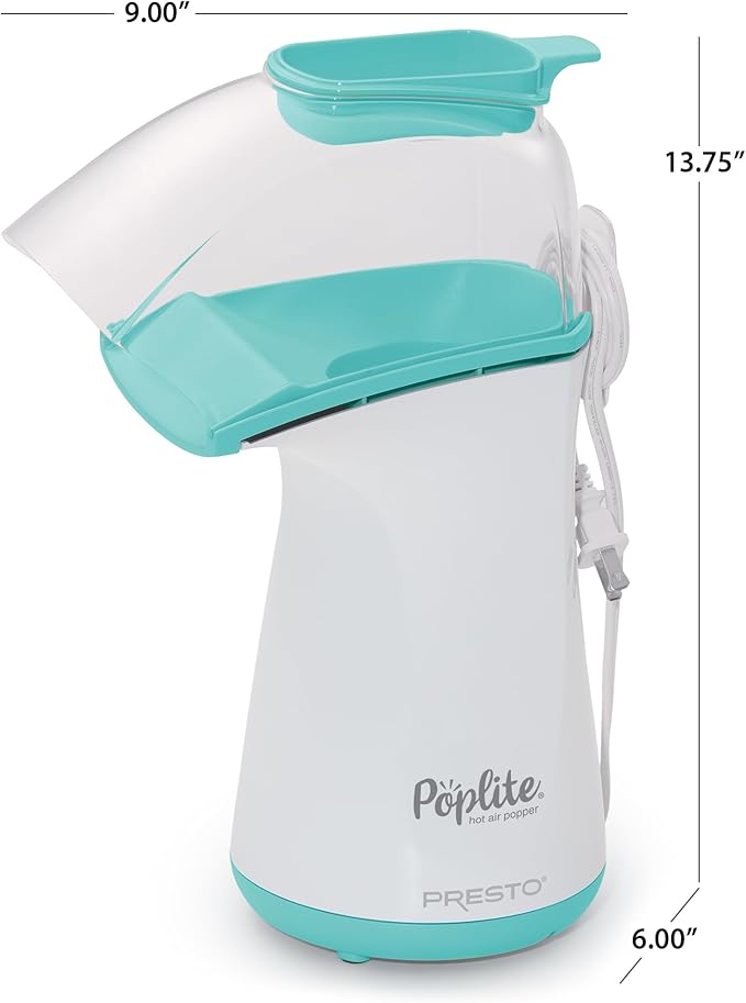 Presto 04869 Poplite Hot Air Popcorn Popper - Built-In Measuring Cup + Melts Butter, Easy to Clean, Built-In Cord Wrap, 18 Cups, Aqua/White (Pack of 2)