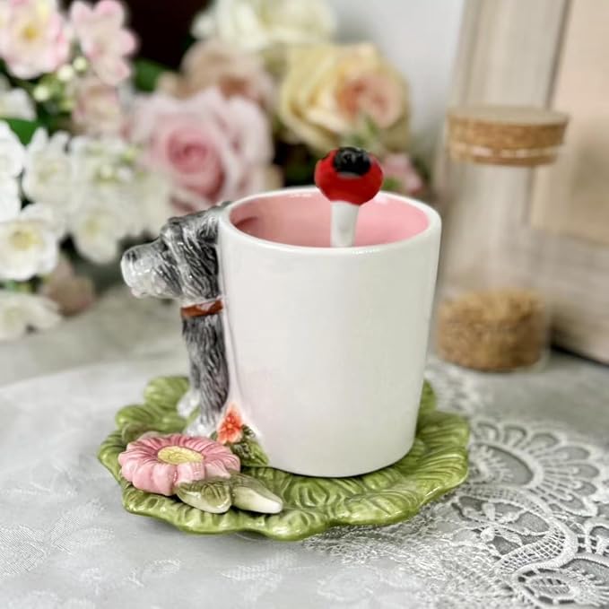 Ceramic Animal Coffee Mug Cup and Saucer Set，200ML(6.8OZ) 3D Hand-painted Tea Cup with Spoon (Grey)