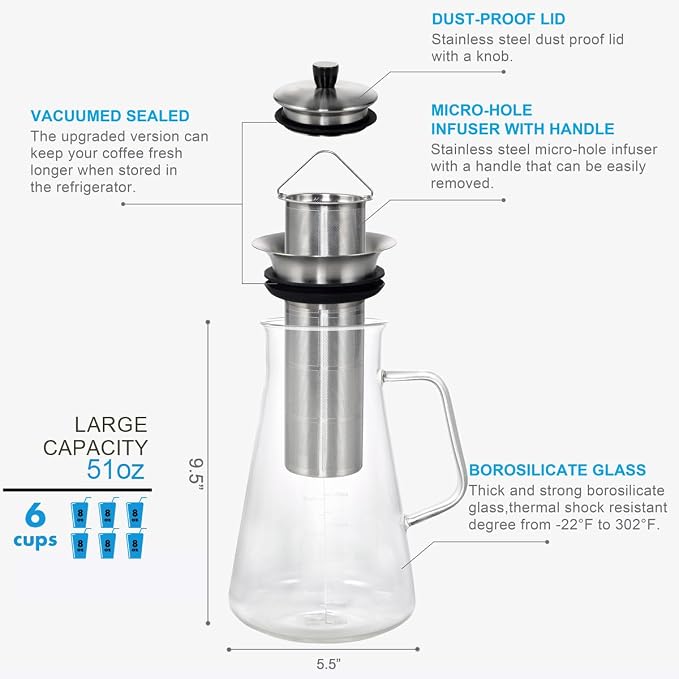 Aquach 51oz Cold Brew Maker, Borosilicate Glass Iced Coffee Tea Pitcher | Dishwasher Safe, Up to 2 Weeks Freshness, Tapered Stability, Refrigerator Fit, 304 Stainless Filter