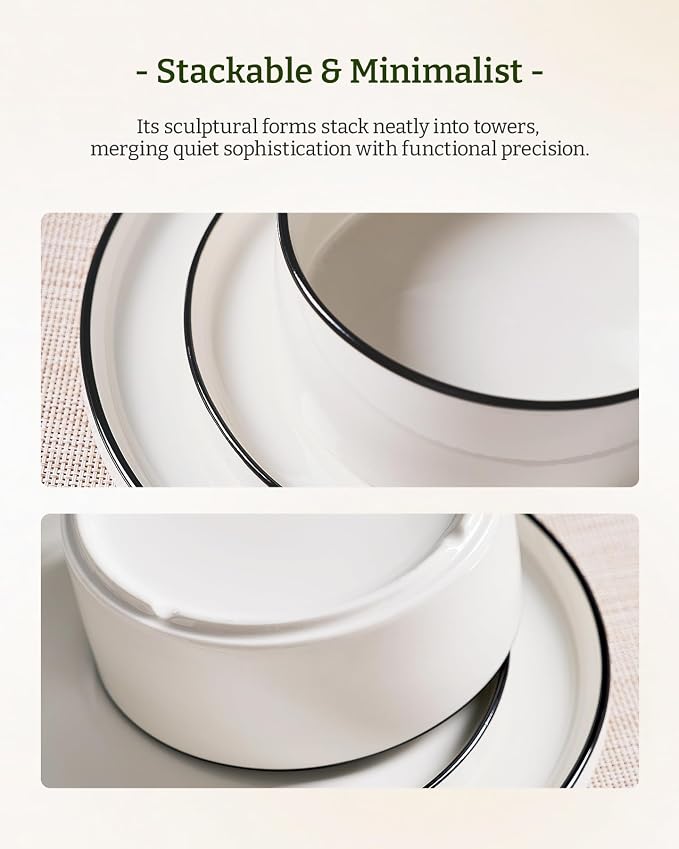 Famiware Porcelain Dinnerware Set, 18-Piece Modern Plate and Bowl Set, dish set for 6, Microwave and Dishwasher Safe Tableware, White with Black Trim