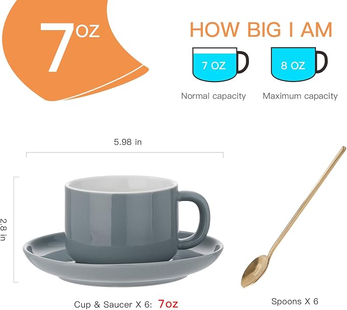 8oz Cappuccino Cups Set of 6, Tea Cups with Saucers and Spoons, Gray Ceramic Tea Cups Set Coffee Mugs for Tea Cappuccino Espresso Latte Mocha Au Lait Macchiato Cafe