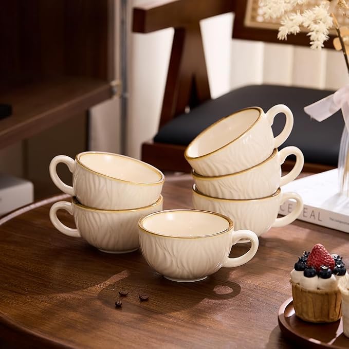 Coffeezone Set of 6 Vintage Design 12 oz Professional Barista Ceramic Latte Art Cappuccino Cups Set (Wave Beige)