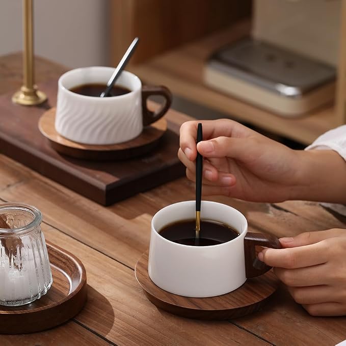 5oz/150ml Cappuccino Cup and Saucer Set, White Porcelain Cup with Walnut Wood Saucer, Espresso Coffee Mug, Couple Cups set of 2 with gift box (SYJ-TCG005)