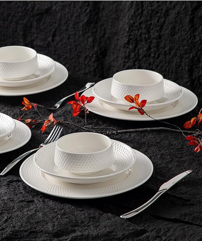 4-piece set, ceramic, embossed B design plate and bowl set, microwave and dishwasher tableware set, shatterproof and scratch resistant dinner set, irregular edge design, white