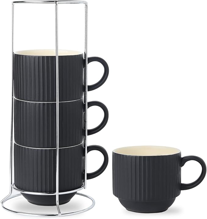 HASENSE Coffee Mug Ceramic Set of 4 with Stand, Stackable Large Latte Cups with Metal Stand, Dishwasher & Microwave Safe, Black for Cappuccino Tea Hot Cocoa