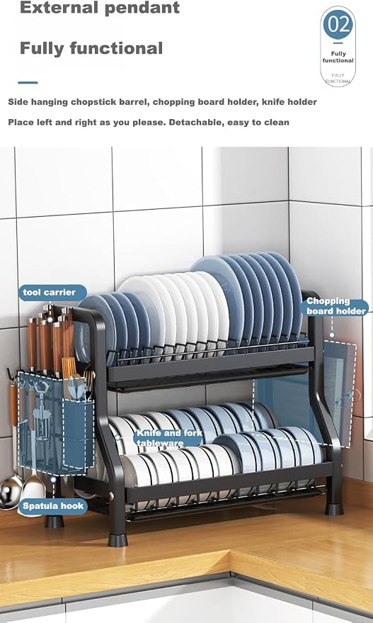LMingKun Over The Sink Dish Drying Rack,Dish Rack, Dish Dryer Rack, Dish Drain, Black Dish Drying Rack,Snap-On Design 2-3 Tier Small Dish Rack Stainless Steel (25.6''X10.2''X16.1'')