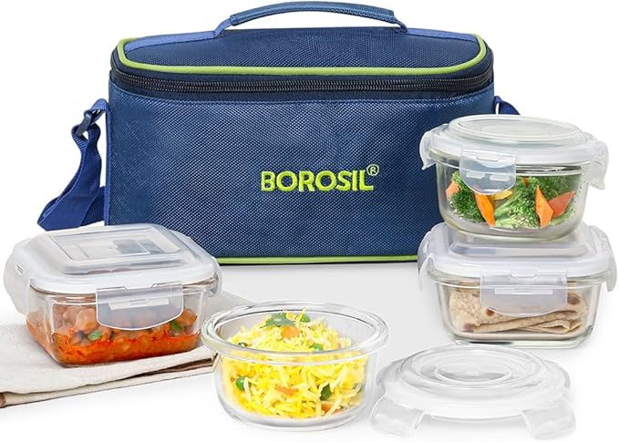 Borosil Blue Universal Glass Lunchbox 320 ml x 2 (+) 240 ml x 2