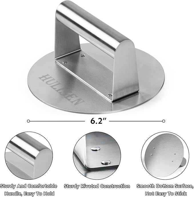 HULISEN Cheese Melting Dome & Smashed Burger Press, 6.2" Grill Press with 9" Basting Cover, Stainless Steel Burger Smasher, Griddle Accessories Kit for Flat Top Grill Cooking Indoor/Outdoor