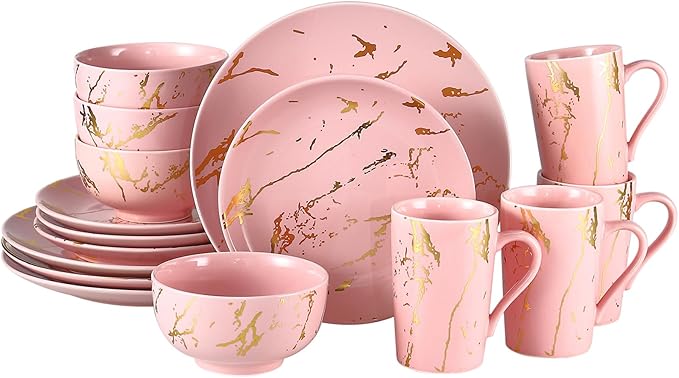 Pink Marble Dinnerware Set for 4, 16-Piece Porcelain Plates and Bowls Set with Gold Trim, Modern Ceramic Dish Set for Home Dining and Gifts