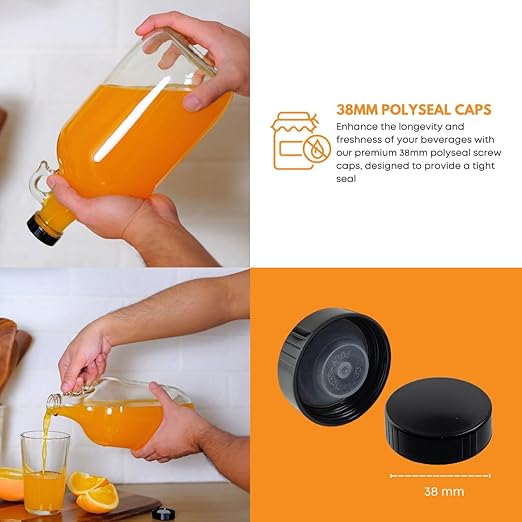 FastRack - 0.5 Gallon Glass Jugs | 2 Pack with Polyseal Caps | Clear Half Gallon Glass Jug Ideal for Beverage Storage, Versatile 1/2 G Jug with Airtight Cap for Fermenting & Storing Liquids