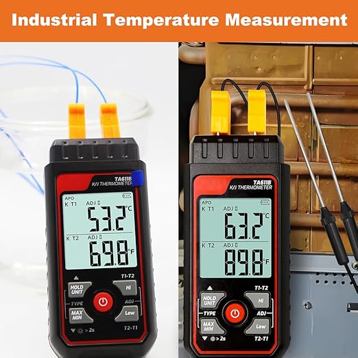 Digital Thermocouple Thermometer Dual-Channel K/J Type Thermometer -328~2501℉ Wide Range Industrial HVAC Temperature Meter with 4PCS of K-Type Thermocouple Probes, Alarm,Temp Conpensation