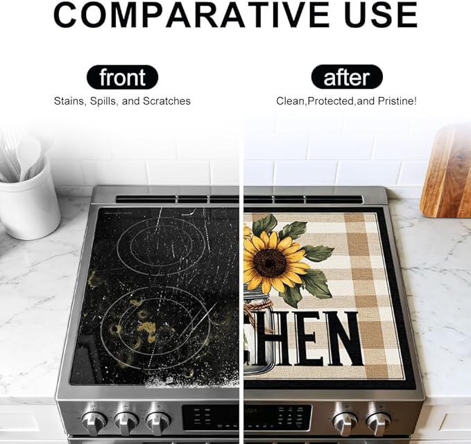 Stove Top Cover 28.35 x 20.47 Inch Sunflower Jar Kitchen Design Decorative Kitchen Stove Cover Countertop Protector with Rustic Floral Artwork for Farmhouse Home Décor and Cozy Cooking Space Styling