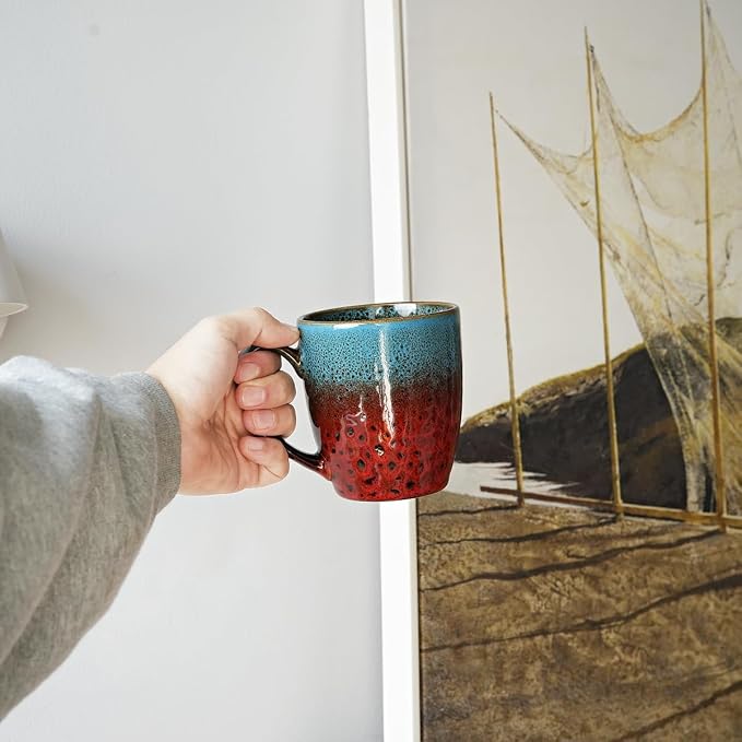 Bosmarlin Ceramic Coffee Mug Set of 4, 17 Oz, Coffee Cups with Big Handle, Microwave Safe, Unique Reactive Glaze (Blue&Red)