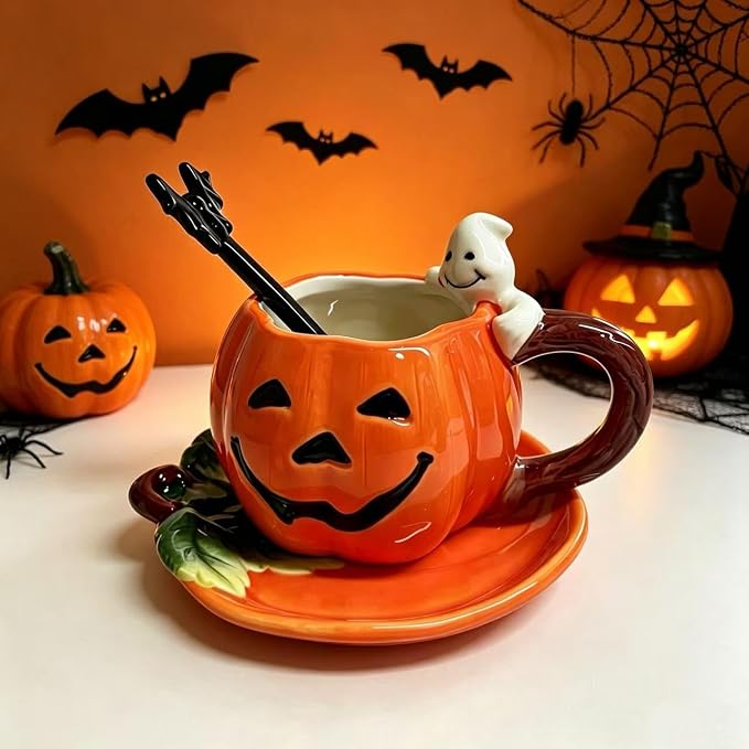 Ceramic Tea Cup and Saucer Set ，6oz 3D Hand-painted Pumpkin and White Ghost Coffee Mug ，Halloween Home Decoration，Gift