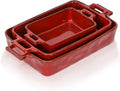 VICRAYS Ceramic Bakeware Set, Porcelain Rectangular Baking Dish, Baking Pan Lasagna Pans Casserole Dish Set for Cooking, Kitchen, Cake Dinner, Banquet, 3 PCS, 15 x 8.5 Inches (Cherry Red)