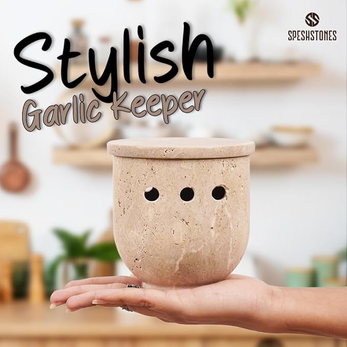 Marble Garlic Keeper 4.5 Inch Handmade Travertine Garlic Holder for Counter & Fresh Garlic Cloves, Storage Container for Gifts, Garlic Saver for Kitchen Countertop Decor