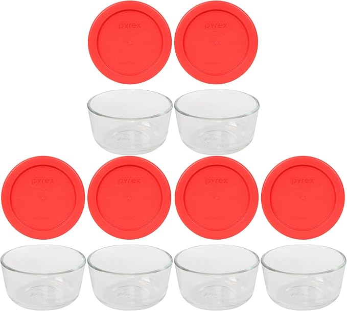 Pyrex 7200 2 Cup Glass Bowls & 7200-PC Red Food Storage Replacement Lids (6-Pack) - Made in USA