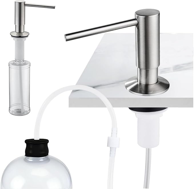 Avola Kitchen Sink Soap Dispenser, Solid Brass Pump with 47" Food-Grade Silicone Extension Tube & 17oz PET Bottle,in or Under Sink Installation, Brushed Nickel, Anti-Reflux Built in Soap Dispensers