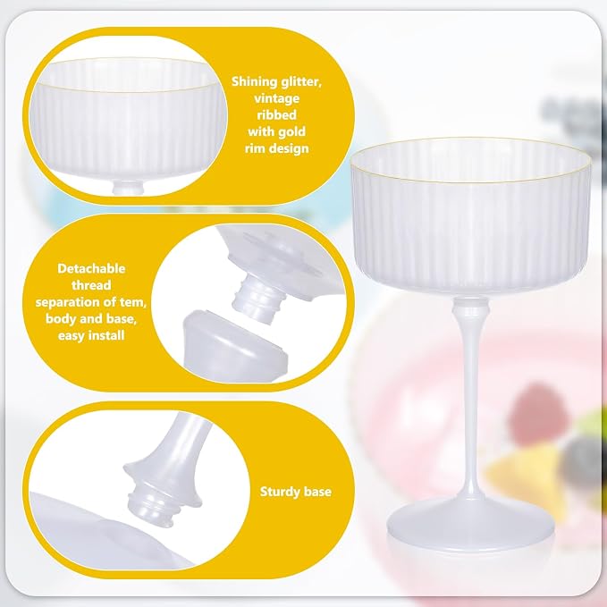 Jingmore 12 Pcs Ribbed Martini Glasses 10 oz Disposable Plastic Vintage Ribbed Coupe Glasses with Gold Rim Cocktail Unbreakable Dessert Parfait Glassware for Wedding Party Supplies (Pearl White)
