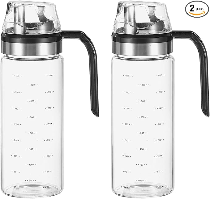uxcell 2Pcs Oil and Vinegar Dispenser Set, 15oz/450ml Glass Oil Bottle with No Drip Spout, Glass Oil Dispenser with Scale for Kitchen Cooking