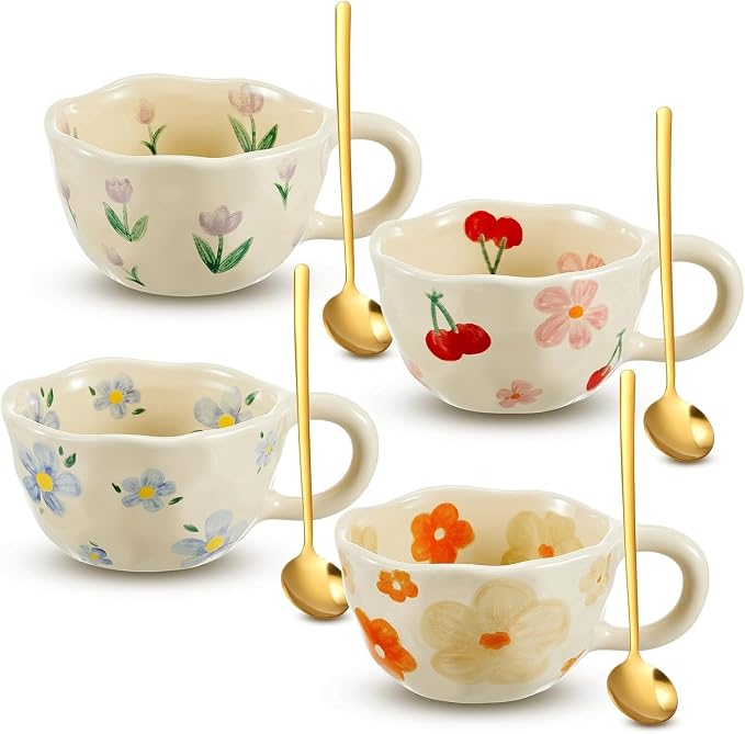 Kawlity 4 Styles Vintage Flower Mugs, 8oz Ceramic Coffee Mug Set with Spoon, Aesthetic Floral Cute Tea Cups with Handles, Porcelain Floral Mugs for Coffee Milk Juice Slushies Oats