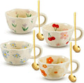 Kawlity 4 Styles Vintage Flower Mugs, 8oz Ceramic Coffee Mug Set with Spoon, Aesthetic Floral Cute Tea Cups with Handles, Porcelain Floral Mugs for Coffee Milk Juice Slushies Oats