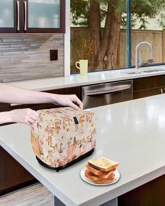 Pink Orange Pumpkins Fall Toaster Cover 2 Slice, Thanksgiving Leaves Dustproof Bakeware Oven Protector with Top Hook, Autumn Floral Waterproof Small Kitchen Appliance Toasters Dust Cover, 11"x6"x8"