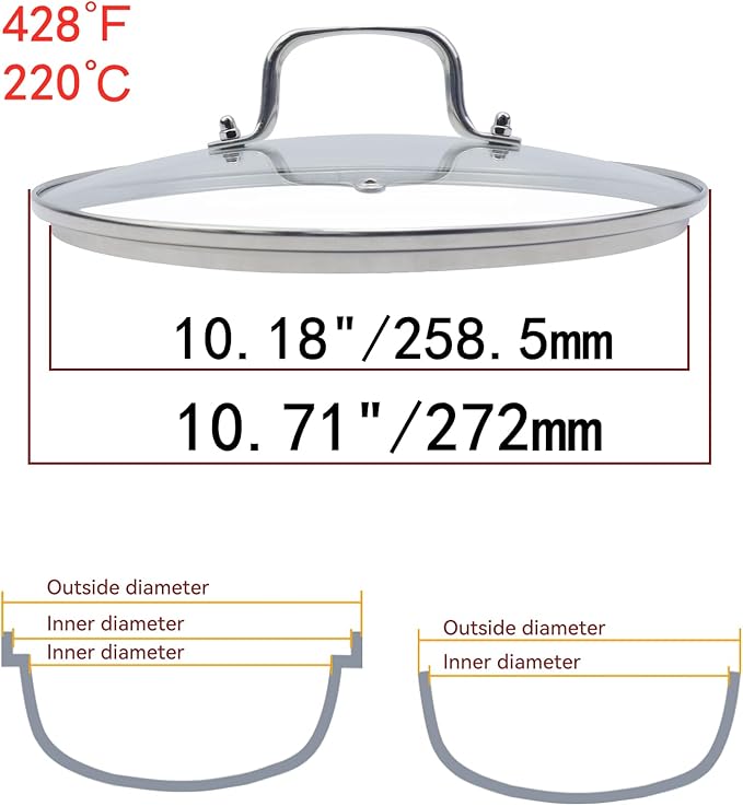 10.5 Inch Clear Glass Pot Lid for Frying Pan Replacement Cover Can Withstand 428°F (220℃) with Stainless Steel Arch Bridge Handle,Polished Silver