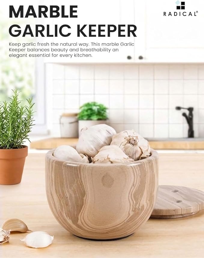 Radicaln Marble Garlic Keeper With Lid 4.5 Inch Natural Brown Handmade Garlic Storage and Garlics Container For Kitchen, Keep Fresh Garlic Cloves, Ideal Garlic Keeper for Counter