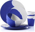 MORGIANA Bamboo Dinnerware Set, 8-Pieces Tableware Set, Eco-Friendly Plates, Cups, Bowls for Camping Picnic Outdoor Party (blue & white)